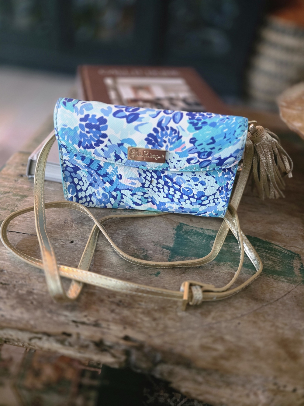 Vera Bradley Blue Floral Crossbody with Gold Strap and Tassel